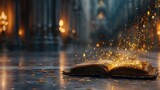 An open, ancient book, glowing with golden sparks, rests on a stone floor within a dimly lit, gothic-style chamber