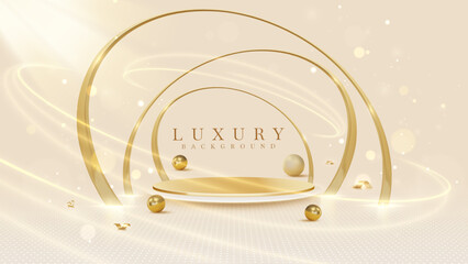 Wall Mural - empty elegant podium golden on cream color background with light neon effects and glow bokeh with go