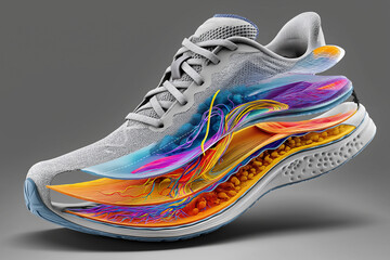 A gray running shoe with layered design showing colorful internal components on a gray background