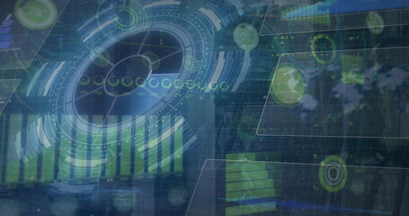 Poster - Image of data processing on digital screen, virus warning and servers