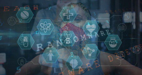 Poster - Image of icons and virus warning over tired fit woman in face mask