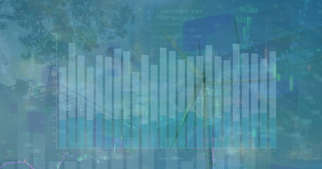 Poster - Showing transparent bar and line charts floating over park with skyscrapers and candlestick data