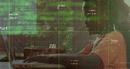 Poster - Image of data processing over grid against african american boy using laptop at school