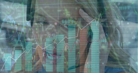Poster - image of data processing over caucasian businesswoman using phone headset in office
