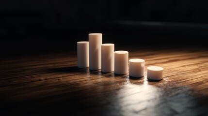 Aufkleber - D vertical bar graph with textured surfaces reflecting light, arranged on a wooden table, evoking a sense of depth and realism in data visualization.