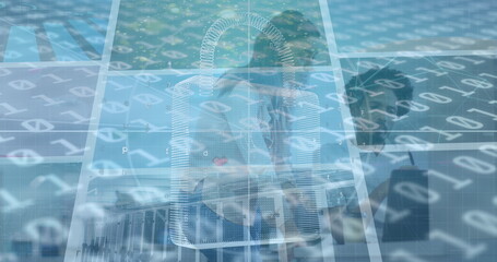 Poster - Image of digital padlock and binary code over diverse coworkers in office