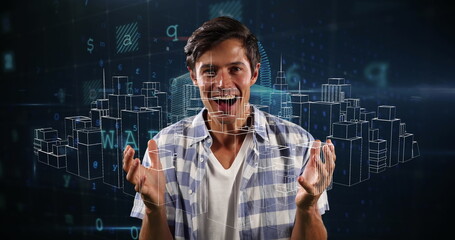 Poster - Image of digital city and data processing over caucasian man smiling