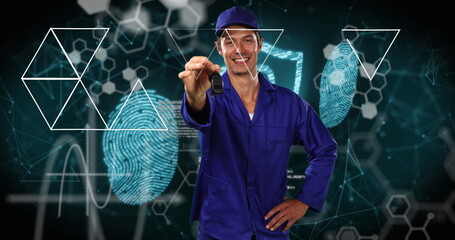 Aufkleber - Image of shapes and data processing over caucasian man holding keys