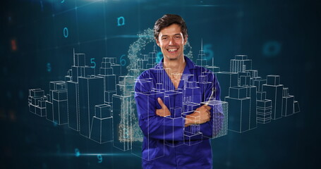 Poster - Image of digital city and data processing over caucasian man smiling