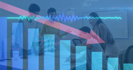 Poster - Image of financial data and graphs over diverse coworkers in office