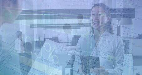 Poster - Image of numbers and loading over diverse female coworkers in office