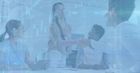 Poster - Image of financial data and graphs over diverse coworkers in office
