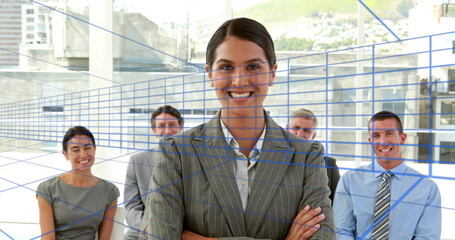 Poster - Image of blue lines over diverse business people at office