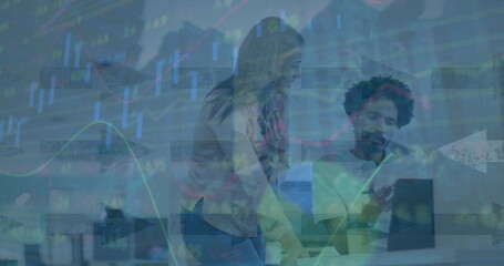 Poster - Image of financial data and graphs over diverse coworkers in office