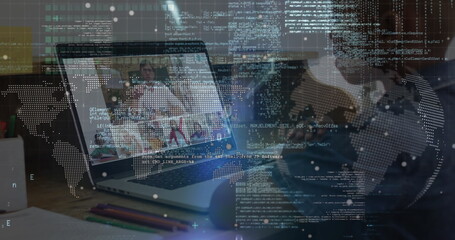 Poster - Image of globe and data processing over african american boy having online lessons on laptop
