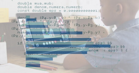 Poster - Image of graphs and data processing over african american boy having online lessons on laptop