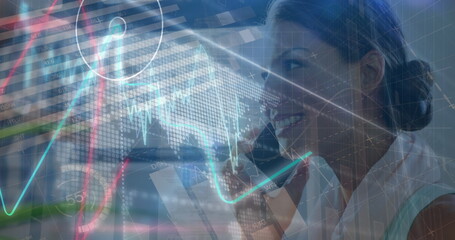 Poster - Image of data processing over caucasian businesswoman talking on smartphone