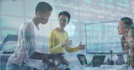 Poster - Image of financial data and graphs over diverse female coworkers in office