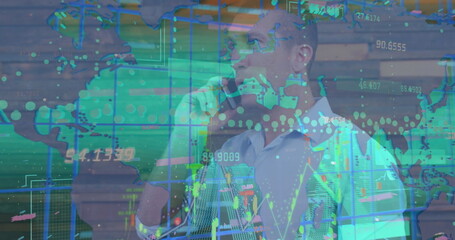 Poster - Image of data processing over caucasian businessman talking on smartphone
