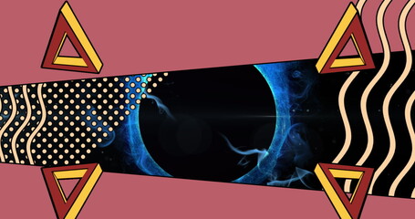 Poster - Image of triangles and waves over black circle in dark space