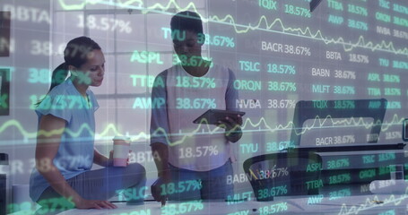 Poster - Image of financial data and graphs over diverse female coworkers in office