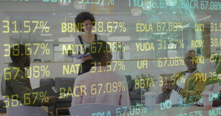 Poster - Image of financial data and graphs over diverse businesspeople in office