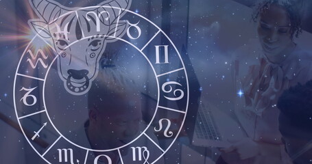 Poster - Image of zodiac sign over two diverse business people