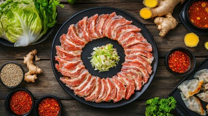 Poster - An artistic arrangement of gyoza ingredients, including ground pork, cabbage, and ginger, beautifully displayed on a rustic wooden table for an authentic cooking vibe.