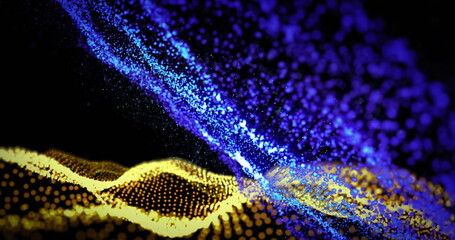 Poster - Image of glowing blue particles over undulating yellow 3d landscape on black background