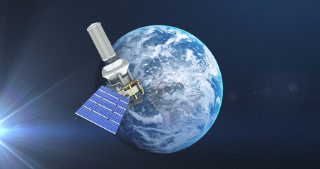 Poster - Image of satellite over globe spinning on blue background