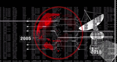 Poster - Image of satellite over globe and numbers processing on black background
