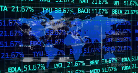 Poster - Image of graphs, financial data and world map on black digital screen