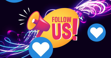 Poster - Image of social media reactions and follow us with pink waves on black background