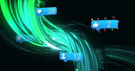 Poster - Image of social media reactions over green lines on black background