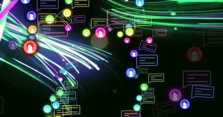 Poster - Image of social media reactions over pink and green lines on black background