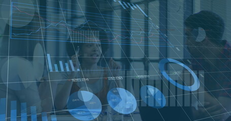 Poster - Image of bar graphs, finance data moving against multiracial colleagues discussing in office