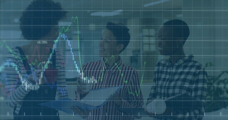 Poster - Image of graph data moving over multiracial colleagues discussing while having coffee in office