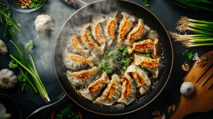 Poster - An artistic shot of gyoza being pan-fried in a skillet, with the crispy bottoms sizzling, surrounded by fresh ingredients like garlic and scallions for a vibrant presentation.