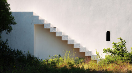 Poster - White stairs against a white wall with a small dark window and green plants in the foreground