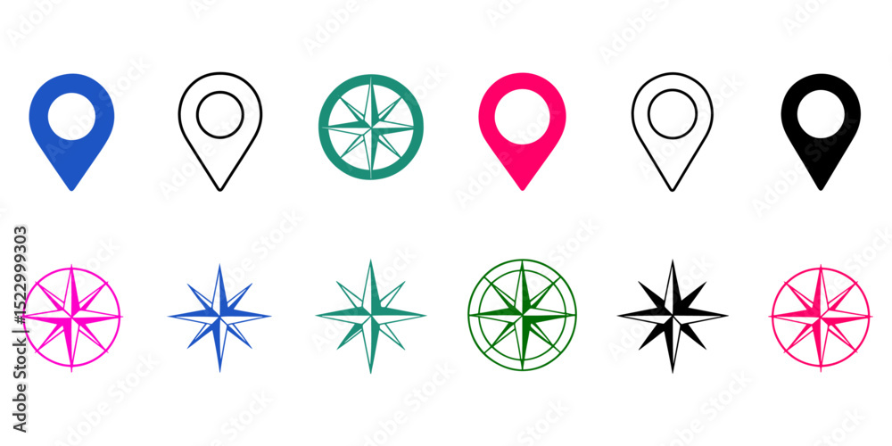 Collection of Diverse Location Icons Map Markers, Compass Roses, and ...