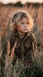 © Georg - Child with tousled hair sitting among golden grasses at sunset in a serene field