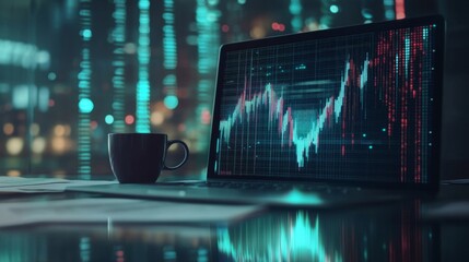 Leinwandbilder - An intricate financial chart displayed on a laptop screen, surrounded by financial documents and a coffee cup, illustrating the analytical workspace.
