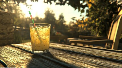 Poster - An inviting glass of lemonade with ice and a colorful straw, sitting on a wooden porch with a view of the sunset, creating a tranquil evening ambiance.