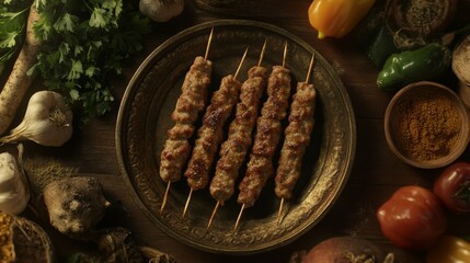 Poster - An outdoor scene of kebabs skewered and ready for grilling, arranged on a wooden table surrounded by fresh vegetables and spices for an inviting feel.