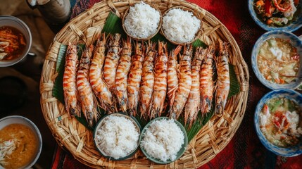 Poster - An overhead shot of grilled prawns served with steamed rice, placed on a woven bamboo tray for an authentic and traditional presentation.
