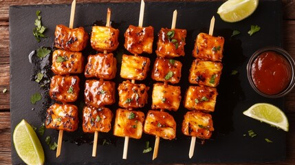Poster - An overhead shot of skewers of shrimp and pineapple, glazed with barbecue sauce, placed on a dark slate plate with lime wedges for a tropical touch.