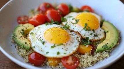 Poster - A beautiful arrangement of fried eggs atop a bed of quinoa, garnished with cherry tomatoes and avocado slices, showcasing a healthy and colorful meal.