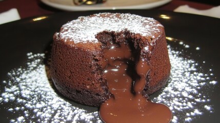 Poster - A close-up of a chocolate lava cake with molten chocolate oozing from the center, served on a dark plate with a dusting of powdered sugar.