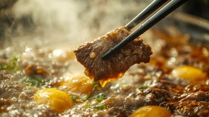 Poster - A close-up of a pair of chopsticks lifting a piece of tender beef from the simmering sukiyaki pot, showcasing the rich broth and delicious ingredients.