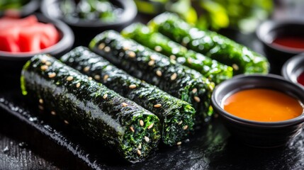 Poster - A close-up of crispy seaweed rolls served with a variety of colorful dipping sauces, highlighting the deliciousness and appeal of this beloved snack.